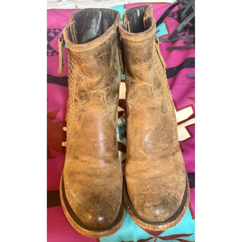 Lane Boots Women Brown Distressed Leather Woven Western Ankle Booties Size 5.5 - Picture 8 of 9